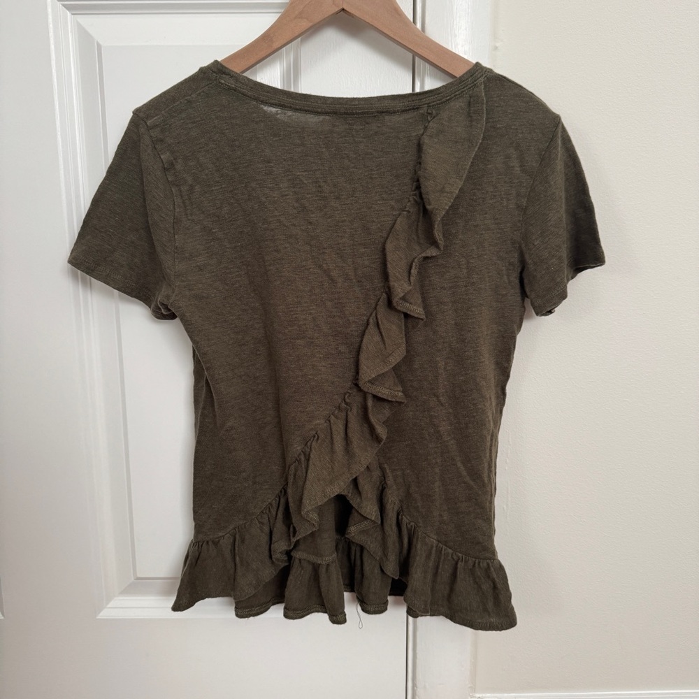 J.Crew 100% Linen ruffle hem top olive green XXS - Picture 2 of 4